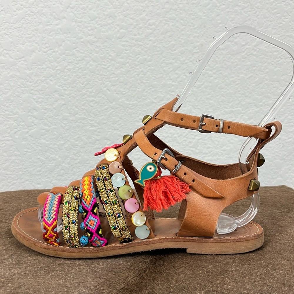 Boho Embellished Tan Leather Gladiator Sandals